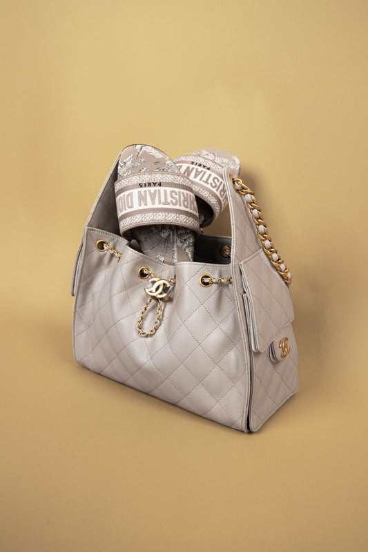 Chanel Hobo 25 Light Grey Bag & Dior Grey Sandals