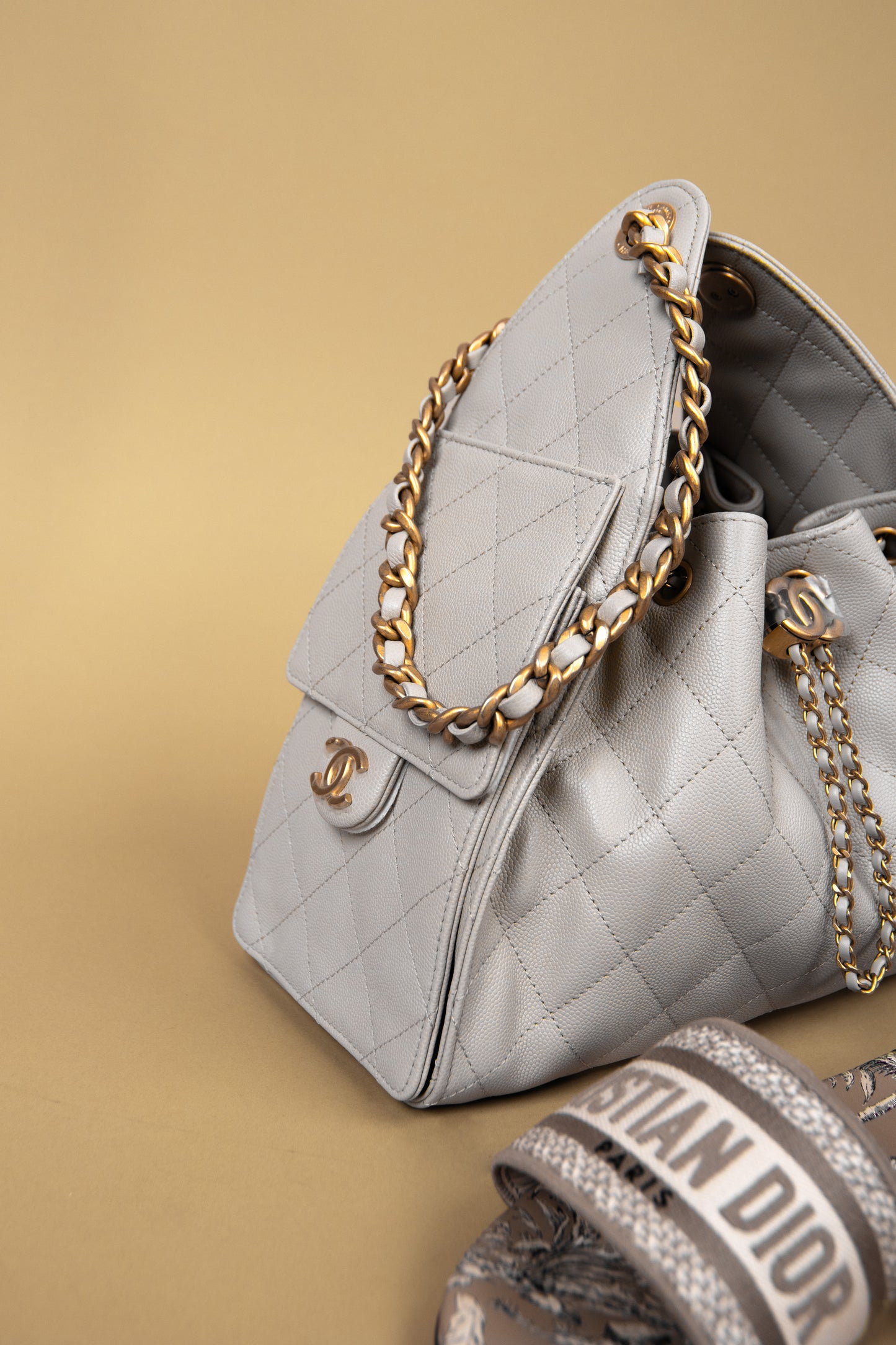 Chanel Hobo 25 Light Grey Bag & Dior Grey Sandals