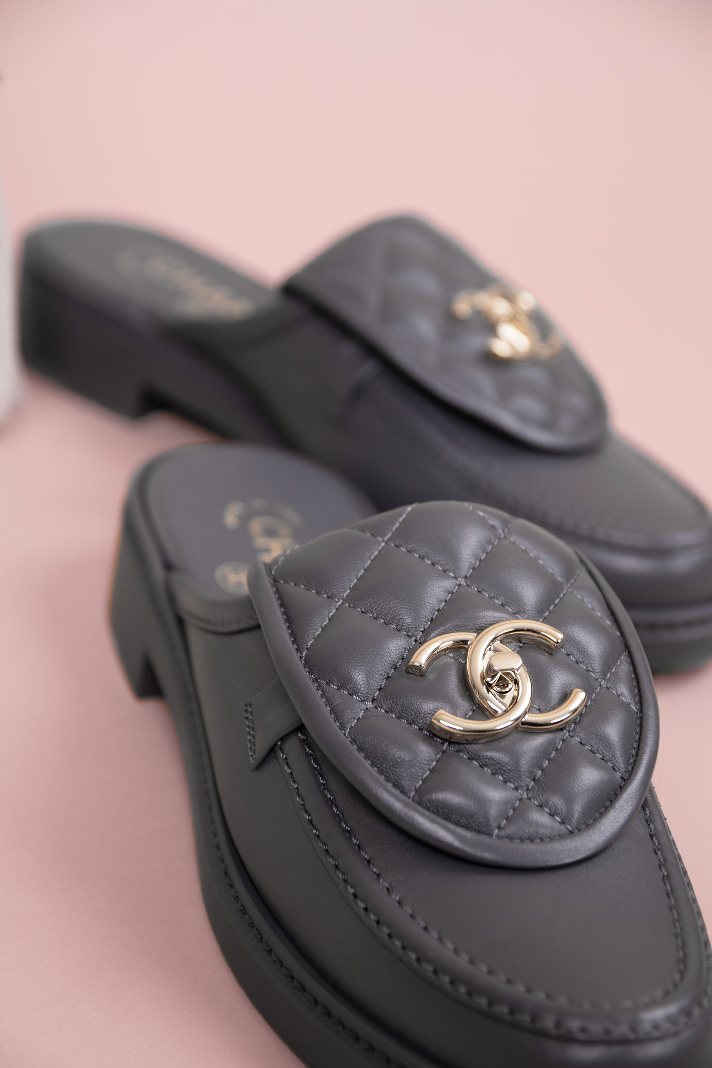 Chanel Grey Moccasins & Hobo 25 Light Grey Bag