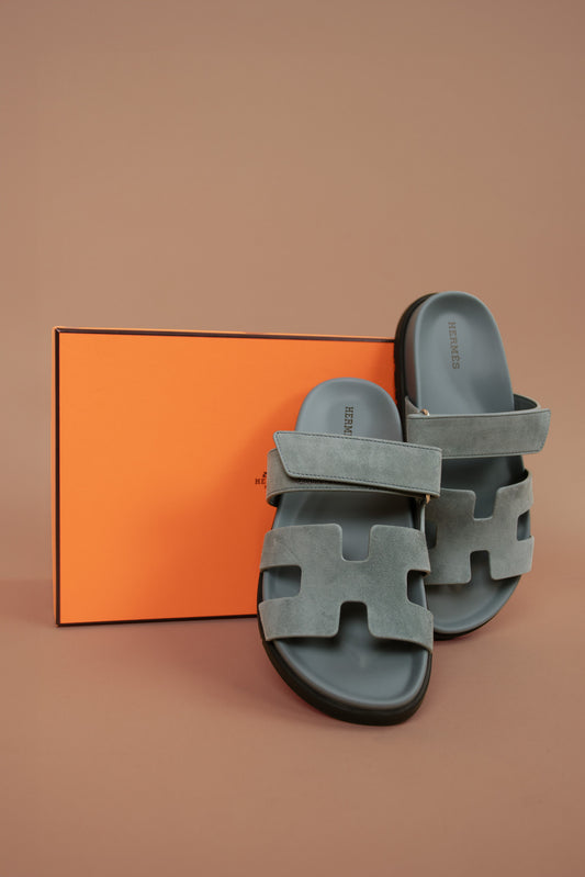 Hermès Chypre Suede Sandals in Bleu Tonnerre