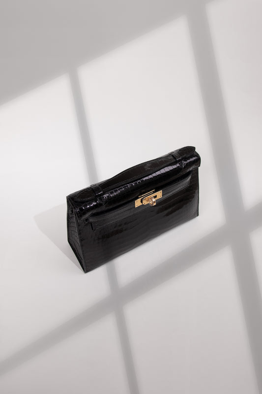 Hermès Kelly Pochette Shiny Alligator Black Ghw