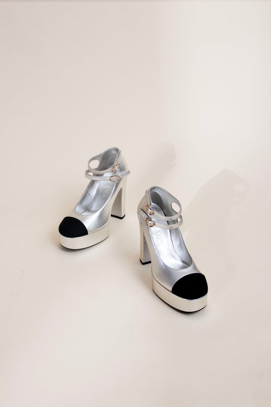 Chanel Mary Janes Laminated Lambskin & Grosgrain in Silver & Black