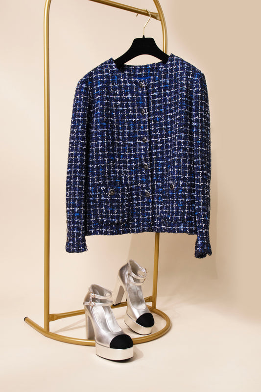 Chanel Blue Tweed Jacket with Silver Mary Janes