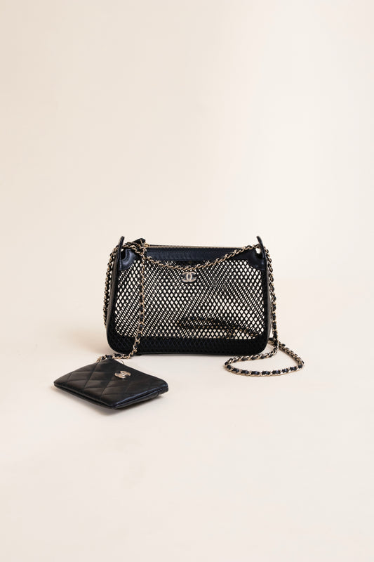 Chanel Mesh Shiny Lambskin Clutch With Chain Black