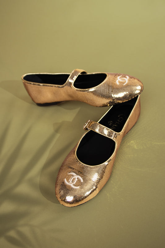 Chanel Gold Sequins Mary Janes