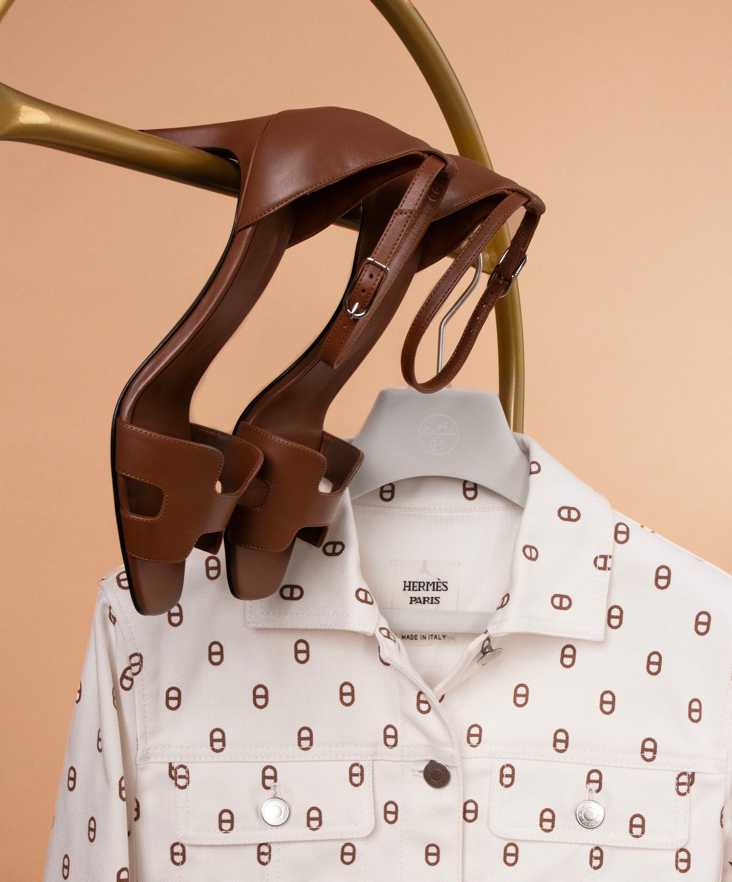 Hermès Chaine D'ancre White Denim Jacket & Gold Joy Sandals