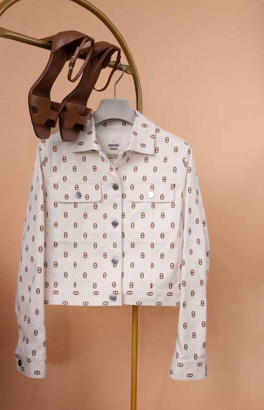 Hermès Chaine D'ancre White Denim Jacket & Gold Joy Sandals