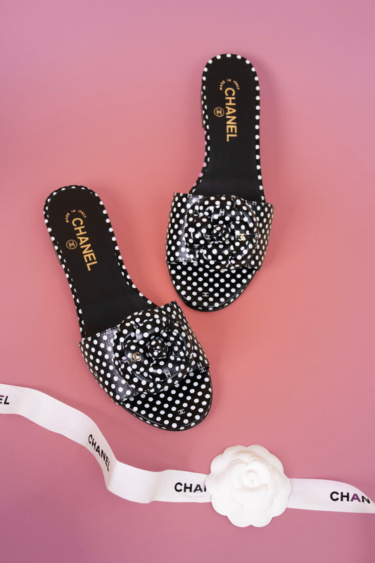 Chanel Black & White Floral Polka Dot Sandals