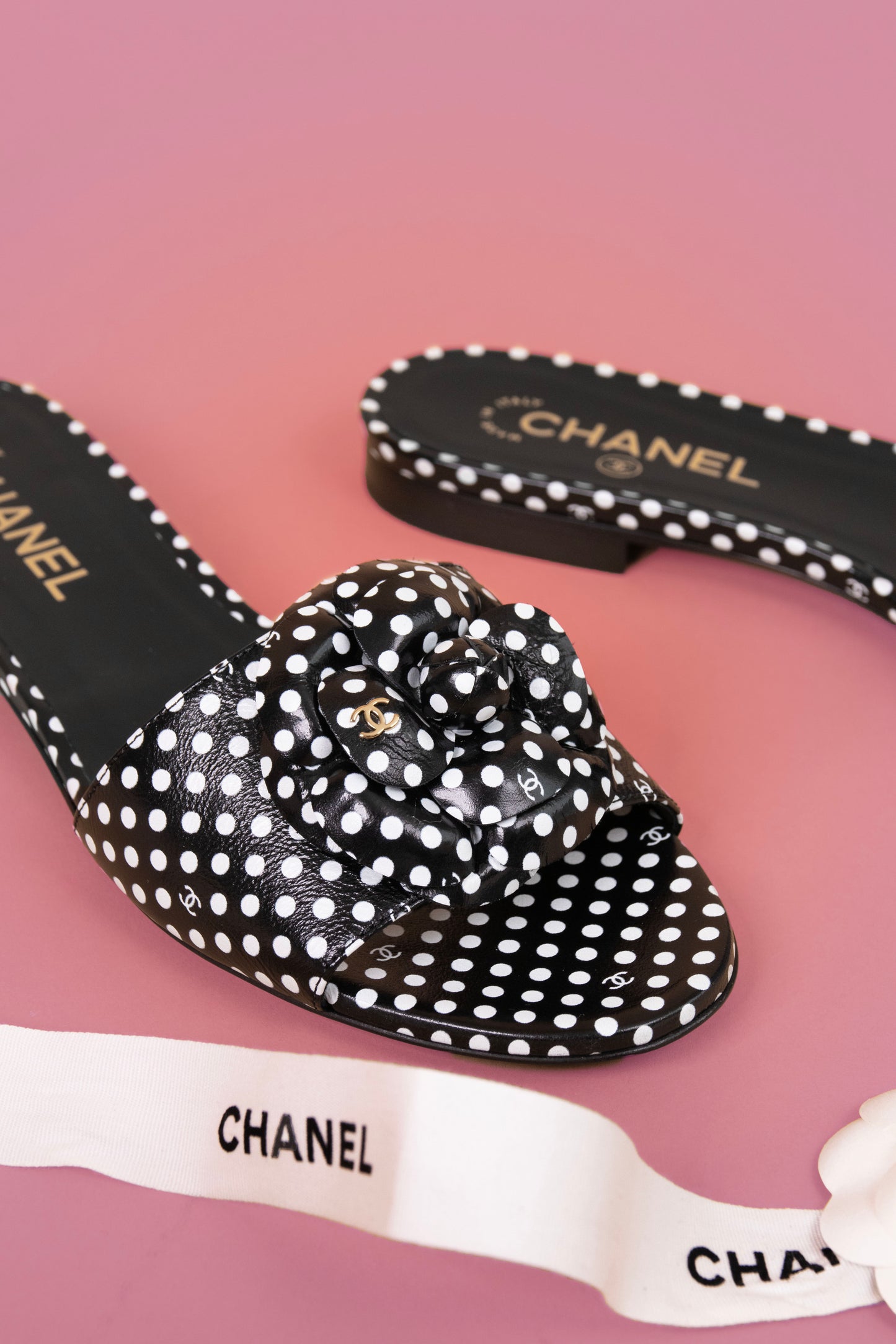 Chanel Black & White Floral Polka Dot Sandals