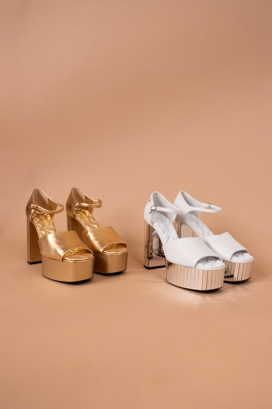 Chanel Gold Platform Sandals & White Mirror Platform Sandals