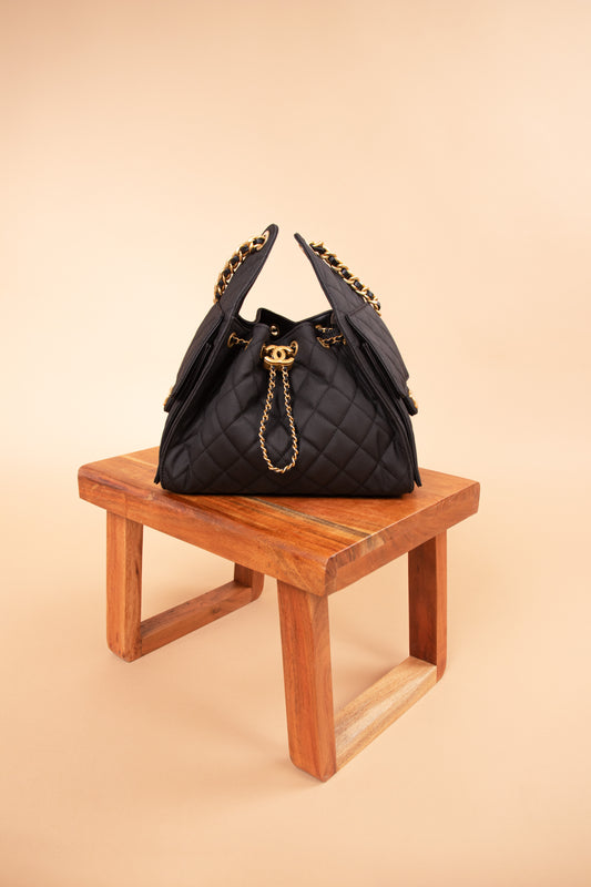 Chanel Black Canvas Hobo 25 Bag