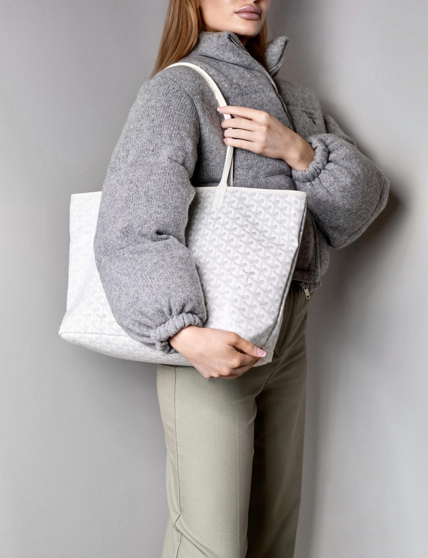 Prada Grey Jacket with Goyard White Artois MM Tote