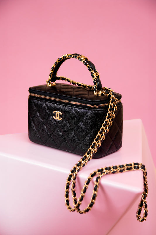 Chanel Black Vanity Case with Top Handle & Chain