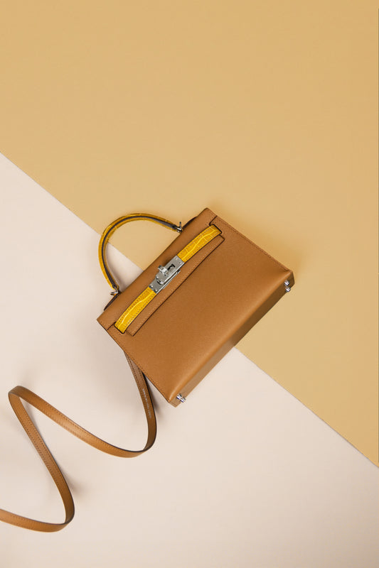 Hermès Mini Kelly 20 Touch Shiny Alligator Epsom in Sesame/Jaune Ambre PHW