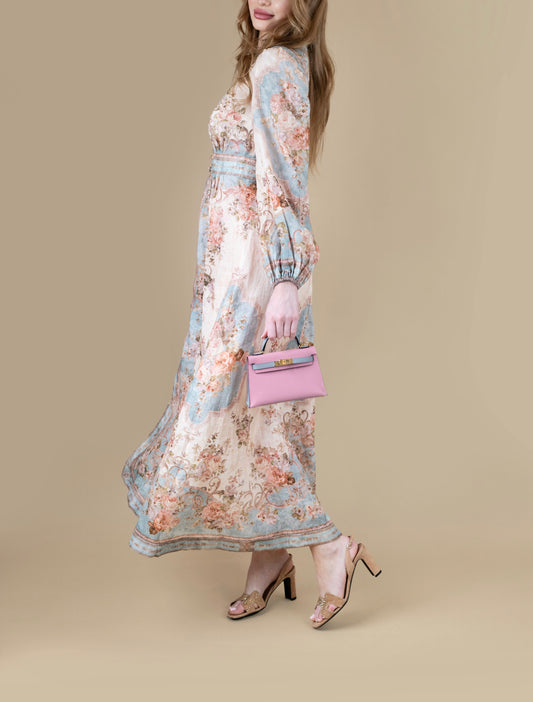 Zimmermann August Floral-Print Dress with Hermès HSS Mini Kelly Epsom in Mauve/Blue Brume GHW