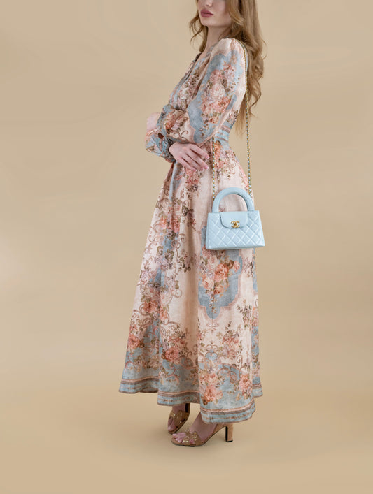 Zimmermann August Floral-Print Dress with Chanel Small Shopping Bag in Light Blue