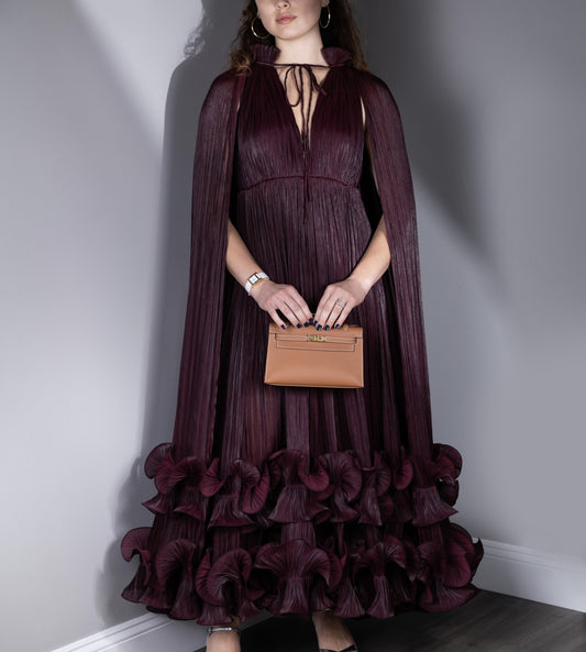 Ana Radu Cape-Detailed Maxi Dress with Hermès Kelly Pochette Gold
