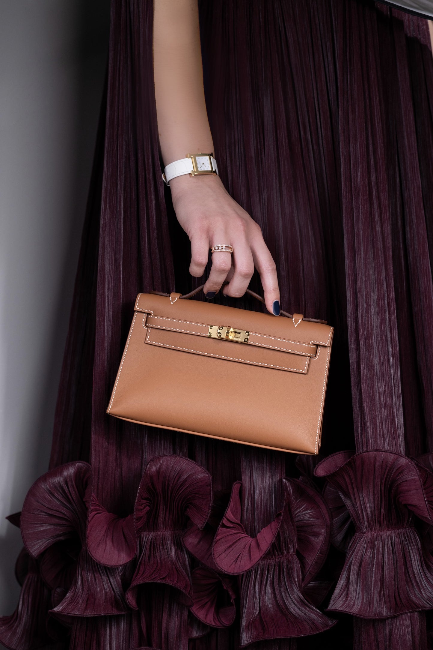 Ana Radu Cape-Detailed Maxi Dress with Hermès Kelly Pochette Gold