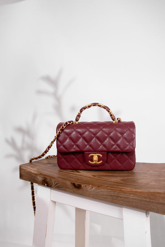 Chanel Small Burgundy Flap Bag with Handle