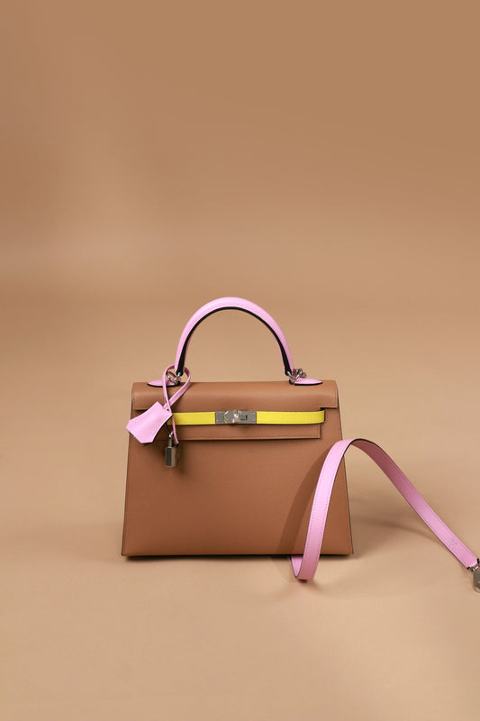 Hermès Kelly 25 Epsom in Chai/Mauve/Lime PHW