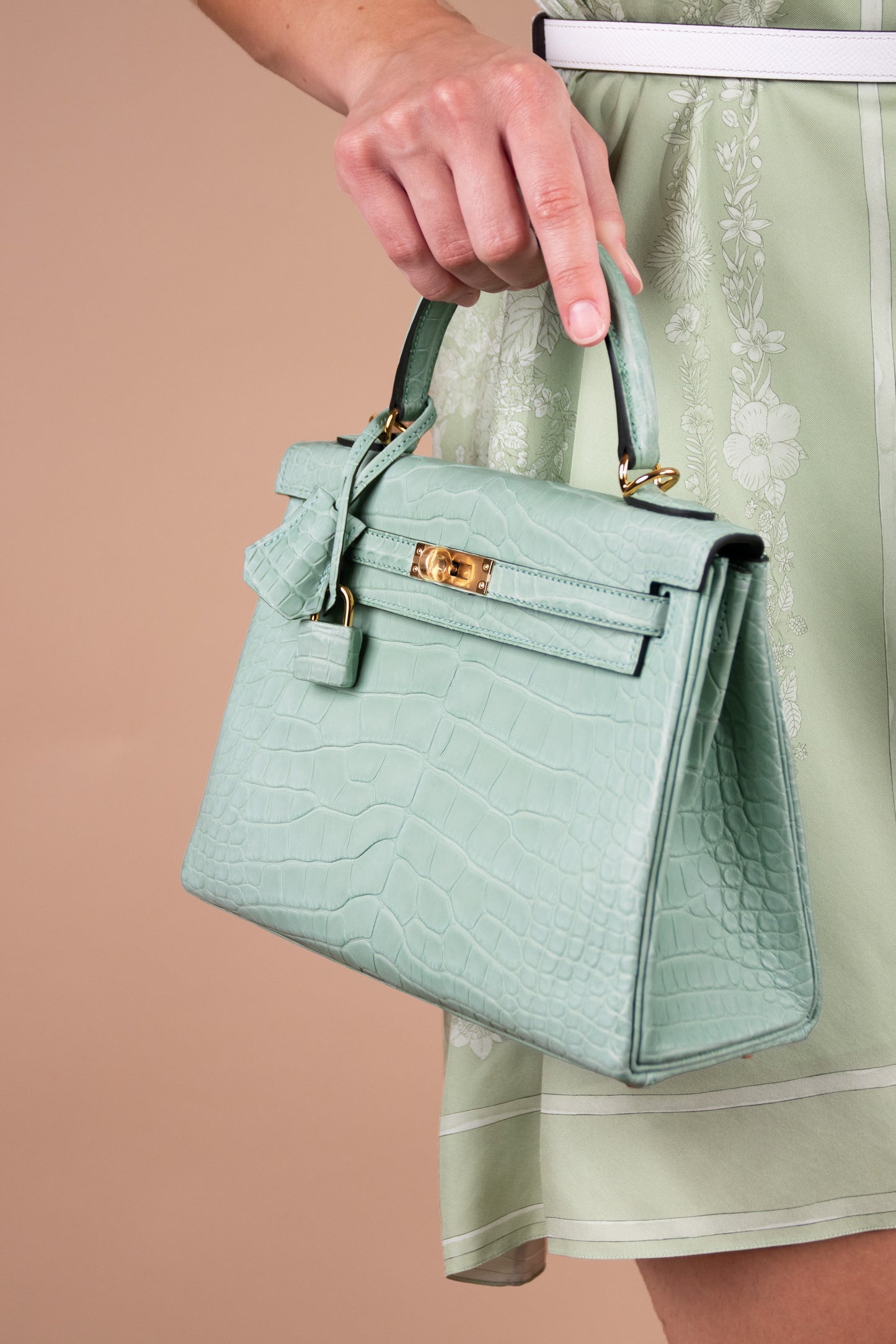 Hermès Tunic in Vert Tendre with Kelly White Belt & Kelly 25 Matte Alligator Vert D'eau