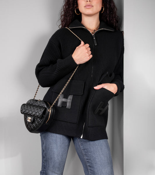 Hermès Wool Knit Black Jacket & Chanel Black Heart Bag