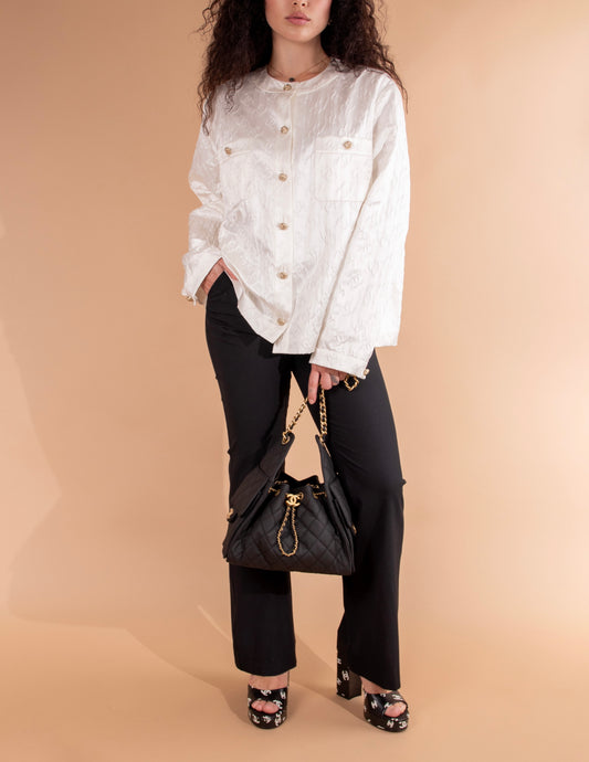 Chanel White CC Blouse & Hobo 25 Black Canvas Bag