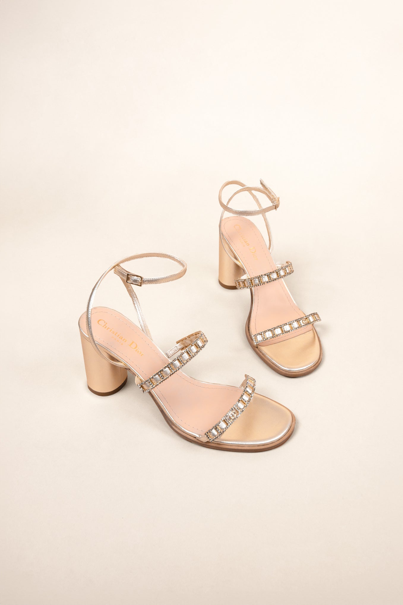 Dior Diorissime Heeled Sandals Gold-Tone Laminated Lambskin & Silver-Tone Strass