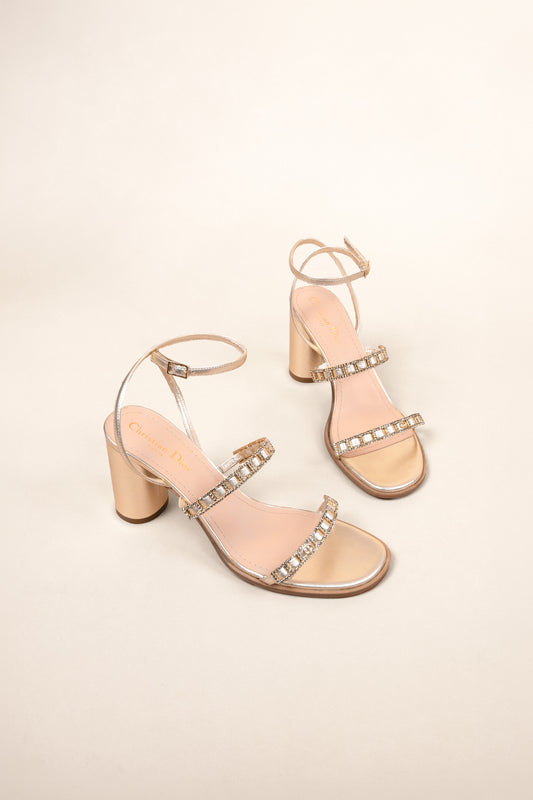 Dior Diorissime Heeled Sandals Gold-Tone Laminated Lambskin & Silver-Tone Strass