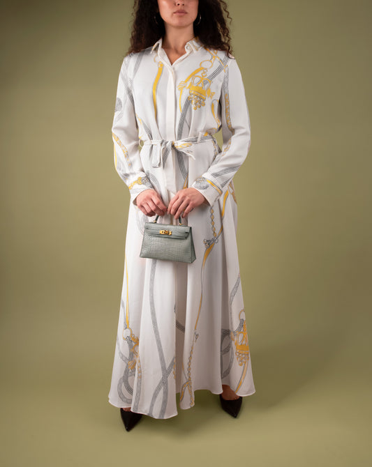 Hermès Palefroi Remix Print Dress & Mini Kelly Crocodile Gris Cement GHW