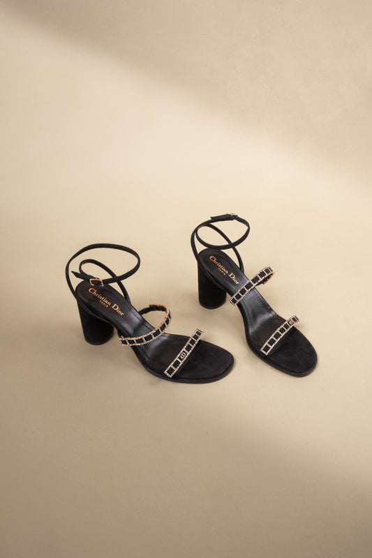 Dior Diorissime Heeled Sandals Black Suede Goatskin & Silver-Tone Strass