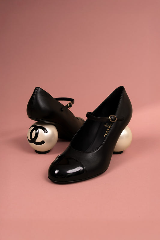 Chanel Black Mary Janes Lambskin, Patent Calfskin & CC Imitation Pearls