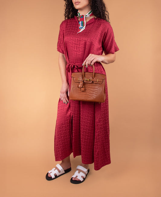 Hermès "Mosaique" Belted Rose Framboise Caftan & Birkin 25 Matte Crocodile Gold with White Chypre Sandals