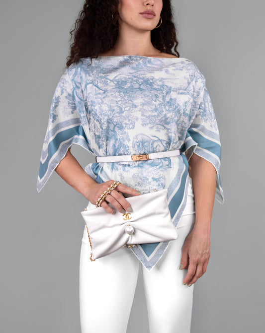 Dior Silk Top with Hermès Kelly White Belt & Chanel White Clutch