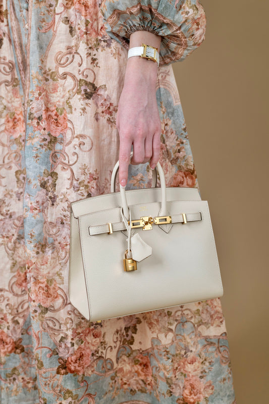 Hermès Birkin 25 Epsom Sellier Craie GHW with Heure H Watch 25mm White Alligator Strap