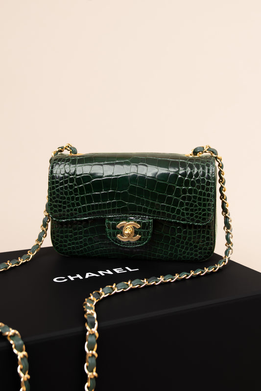 Chanel Small Dark Green Alligator Flap Bag