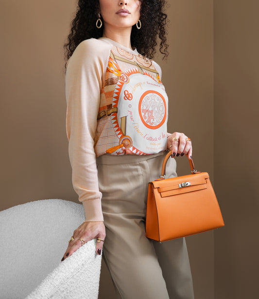 Hermès Kelly 25 Epsom Orange PHW with Twillaine Sweater