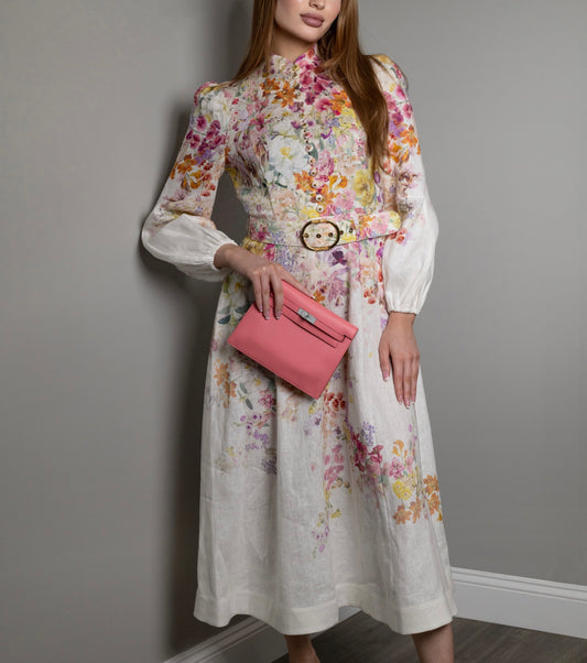 Zimmermann White Floral Dress & Hermès Kelly Danse Rose D'ete PHW