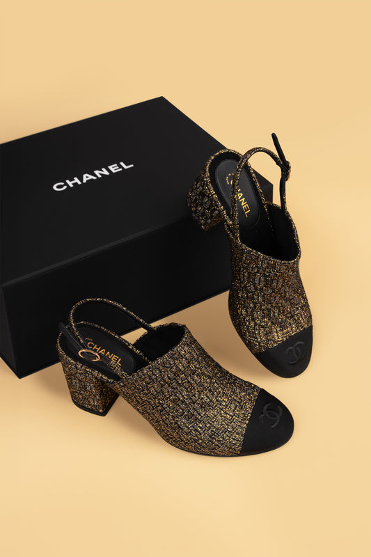 Chanel Black/Gold Tweed Slings