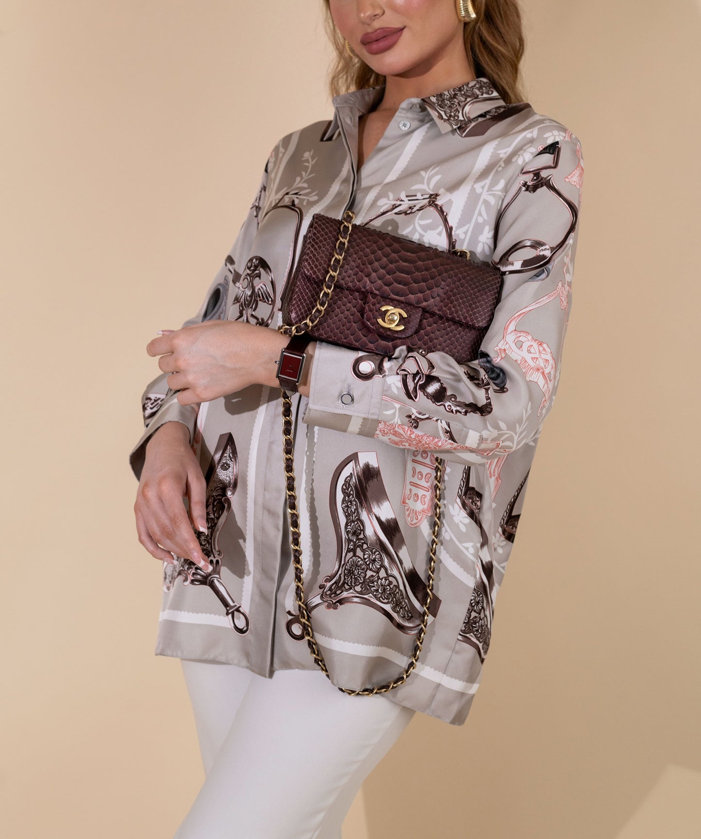 Cartier Tank Must Watch & Chanel Mini Matte Python Flap Bag in Burgundy