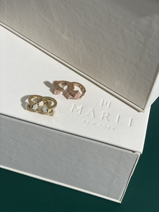 Marli Huggie Earrings in White Moon Stone & Pink Opal