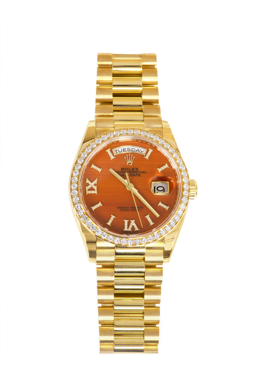 Rolex Day-Date 36mm in Yellow Gold with Diamond Carnelian Dial