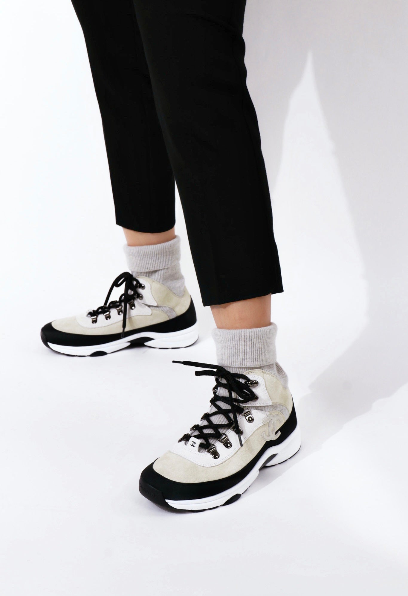 Chanel Knit Sneakers in Black/Beige/White