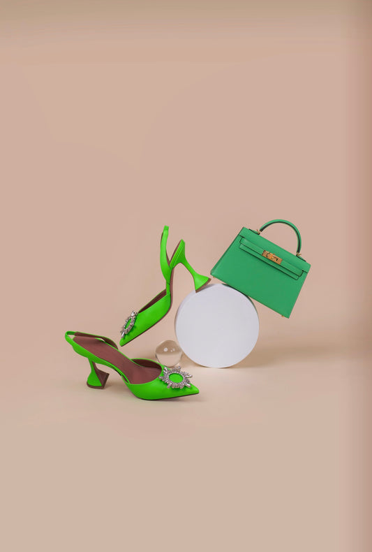 Hermès Mini Kelly in Vert Comics with Amina Muaddi Green Slingback