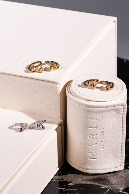 Marli Cleo Full Diamond Huggie Earrings in White/Yellow/Pink Gold
