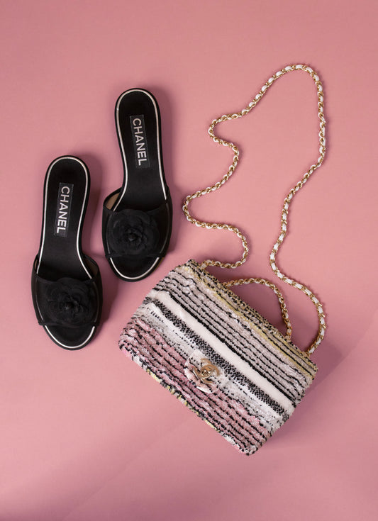 Chanel Mini Flap Bag in White Multicolor Sequin & Black Rose Mesh Sandals