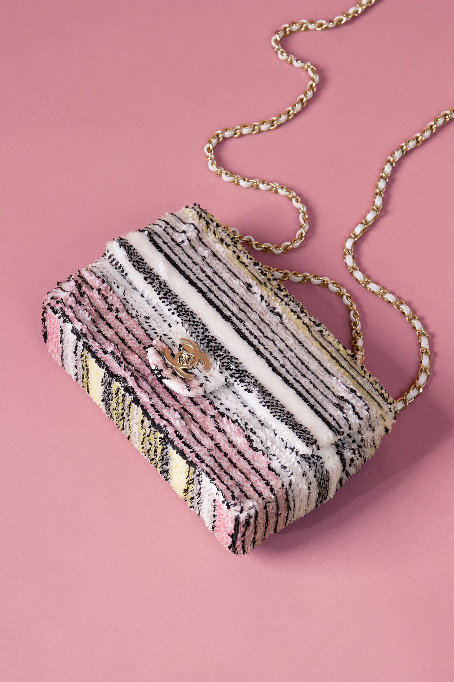 Chanel Mini Flap Bag in White Multicolor Sequin & Black Rose Mesh Sandals