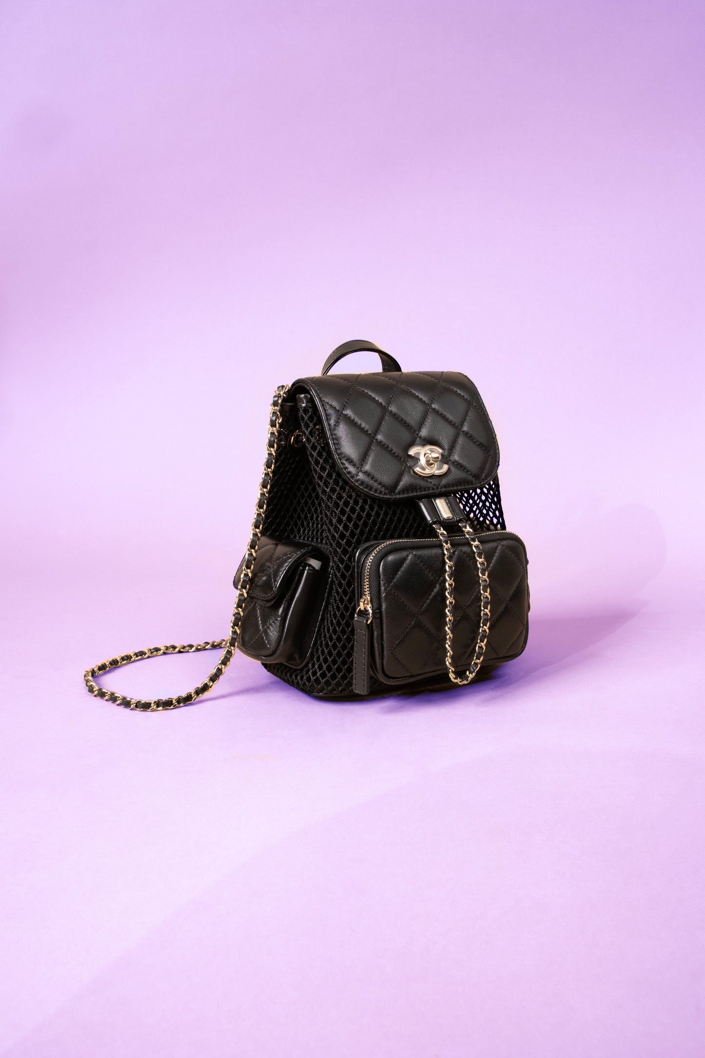 Chanel Black Backpack Mesh, Shiny Lambskin & Gold-Tone Metal