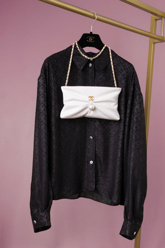 Chanel Black CC Silk Top & White Clutch with Chain