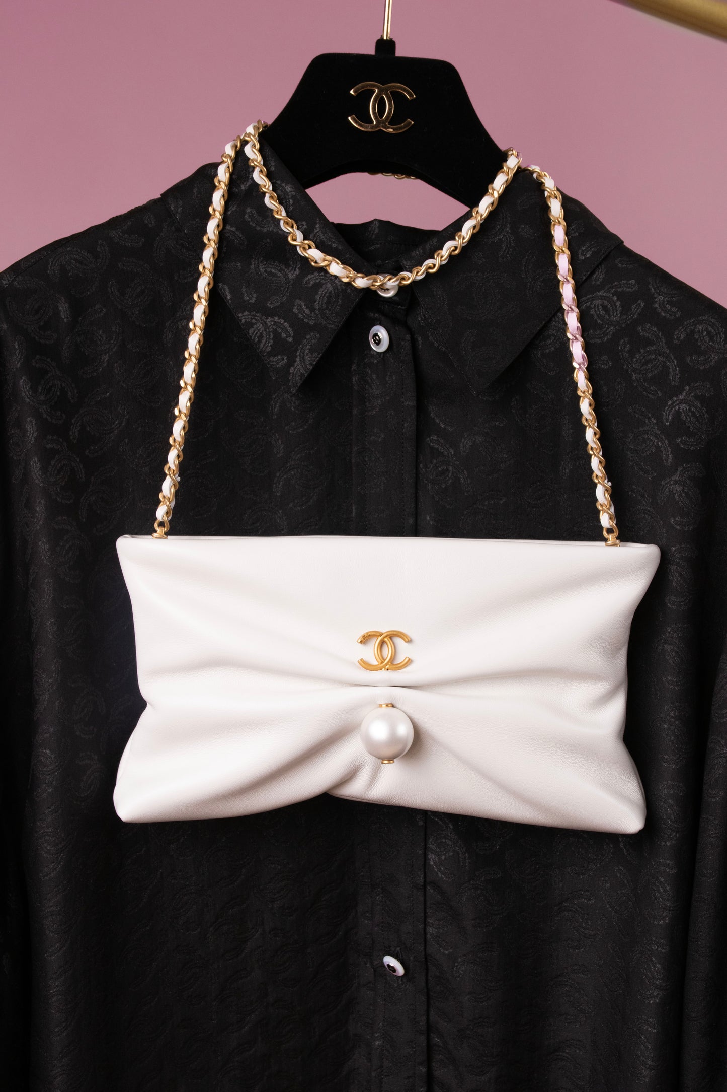 Chanel Black CC Silk Top & White Clutch with Chain